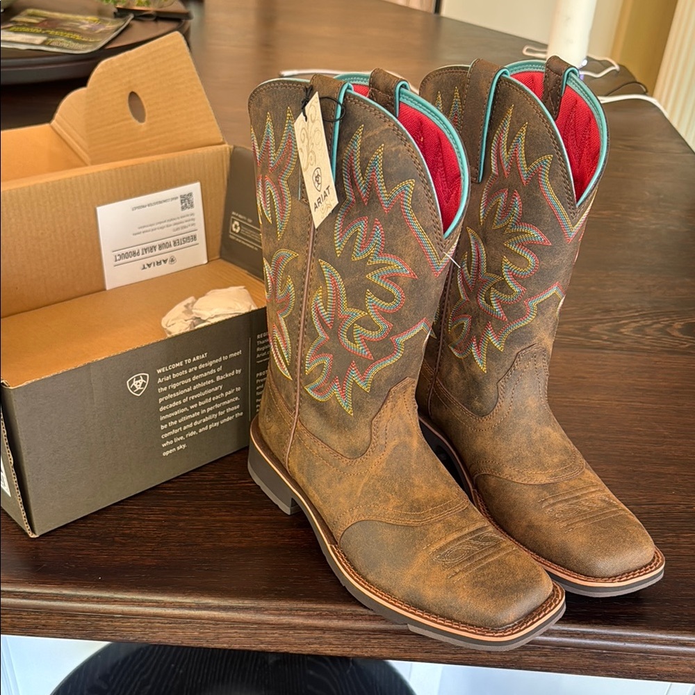 Ariat Brown Western Boots with Colorful Stitching